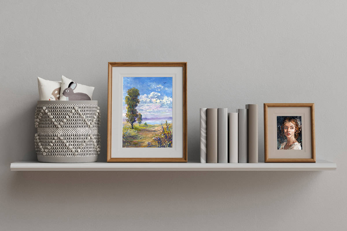 art and books on a shelf